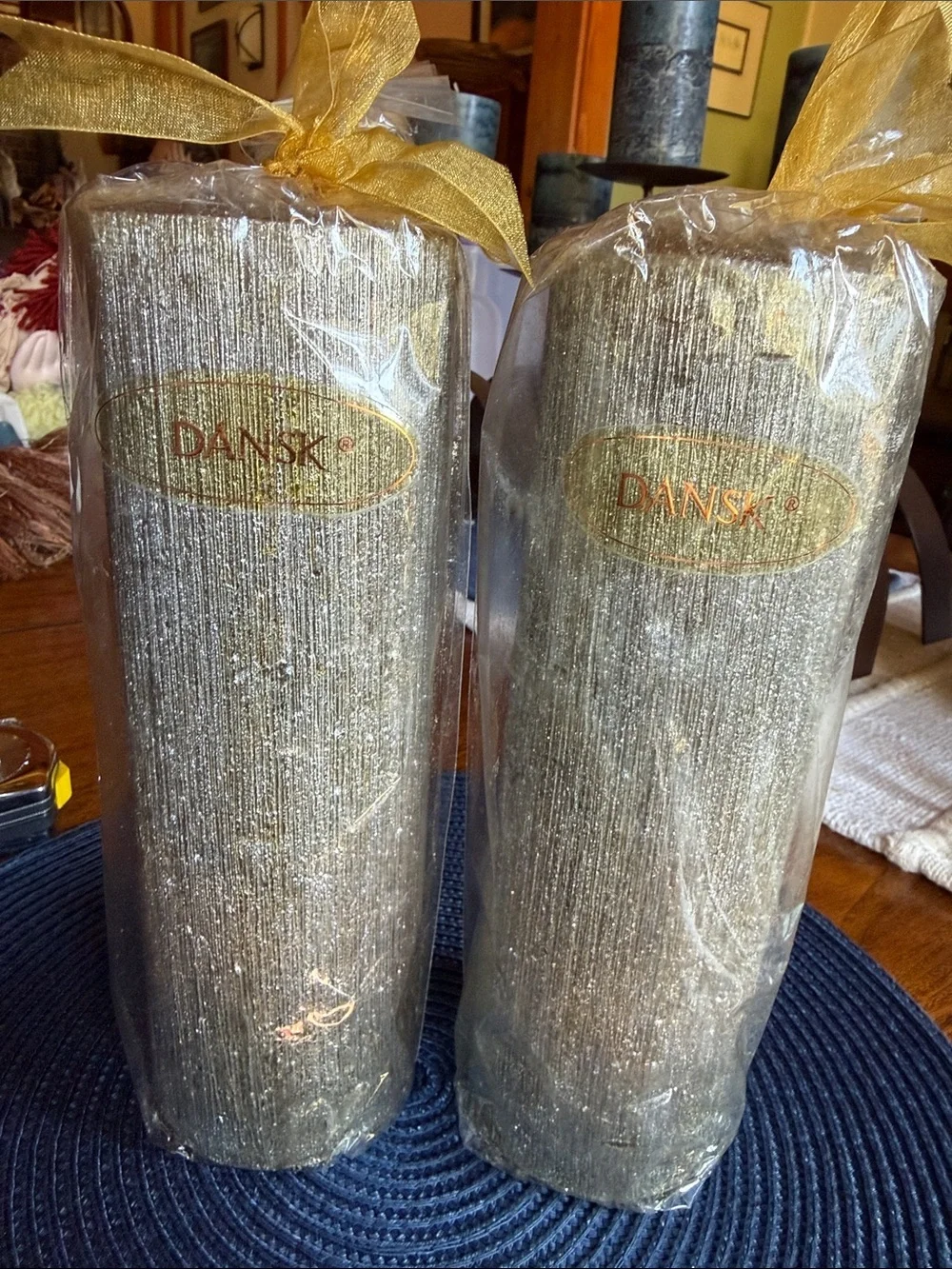 NWT Dansk Dipped Silver Glitter Pillar Candle Pair with Ribbon